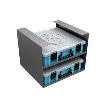View of gray case holder with 2 blue cases stacked.
