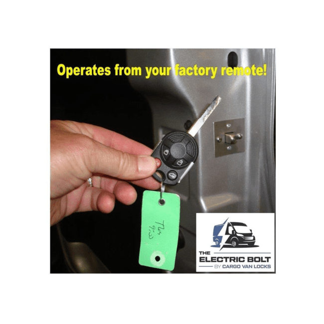 A key for the Ford Transit "Electric Bolt" Swing Side Door Kit with the words above: "Operates from your factory remote."