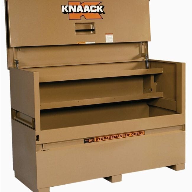 Knaack 90 Series STORAGEMASTER Piano Box Model 90 shown open with empty shelving.