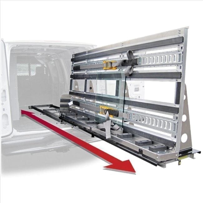 My Glass Truck Sliding Interior Mount Glass Rack with an arrow shwoing how the rack can slide in and out