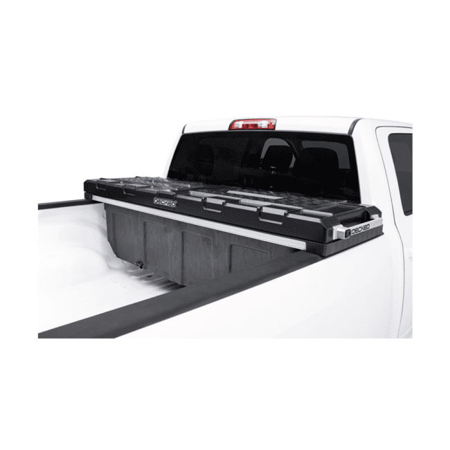 Decked Tool Box Model TBFD in the back bed of a white work truck with the lid closed.