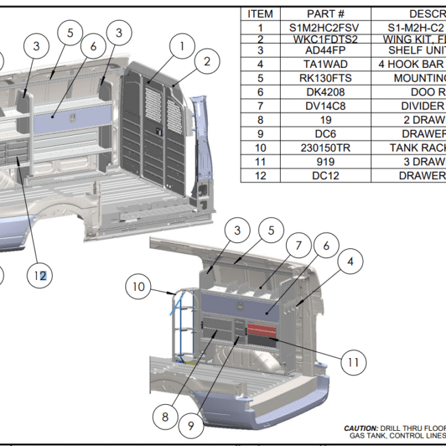 Illustration of cutout view of Adrian Steel Plumbing package with shelving and storage.