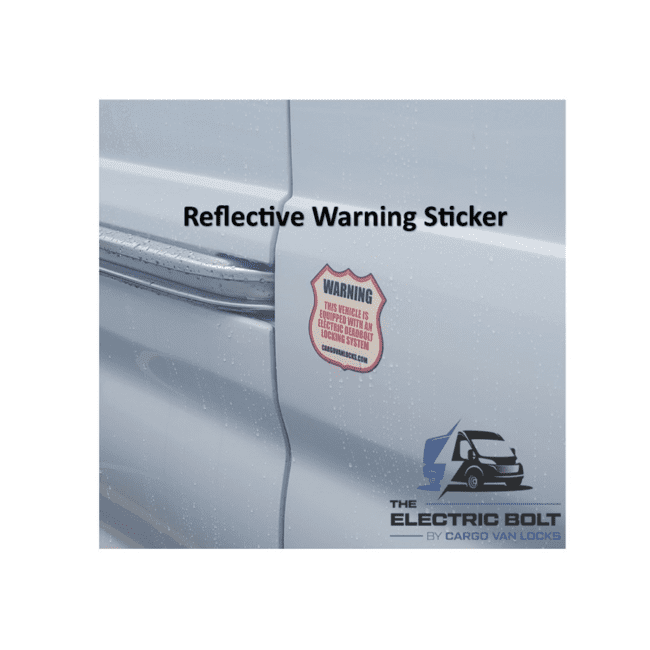 A close up of a "Warning" sticker, with the words "Reflective Warning Sticker" written above it.