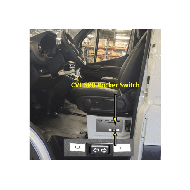 An image showing where the Sprinter "Electric Bolt" switch can be installed on a van, with an arrow pointing to a switch panel below the driver's side seat.