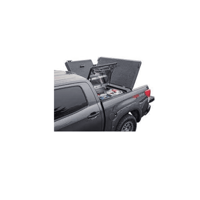 The Diamondback Cover installed on a truck bed with the lid open and lots of gear stored within it.