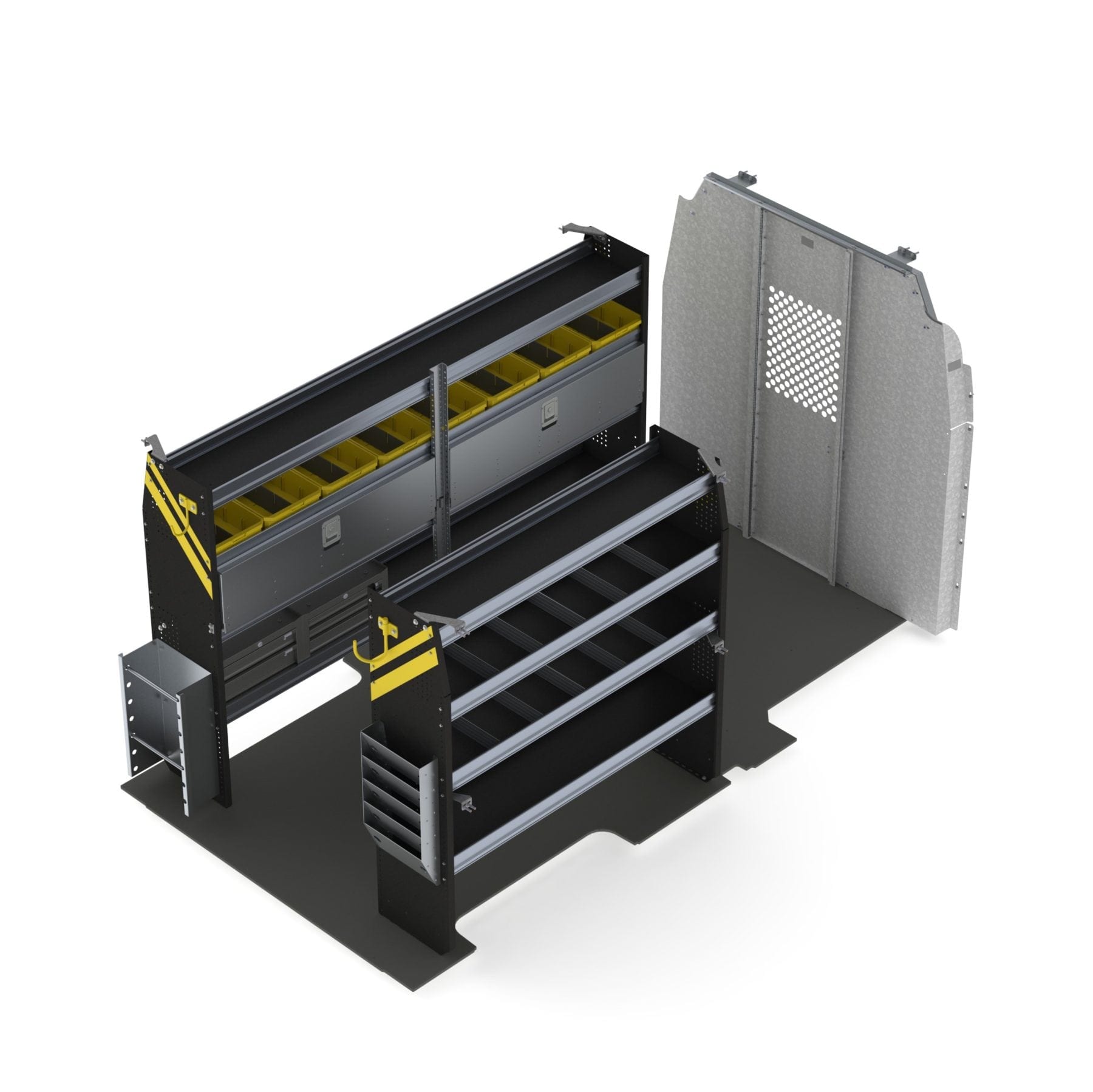 3-D view of an inside van package containing shelves and storage options.
