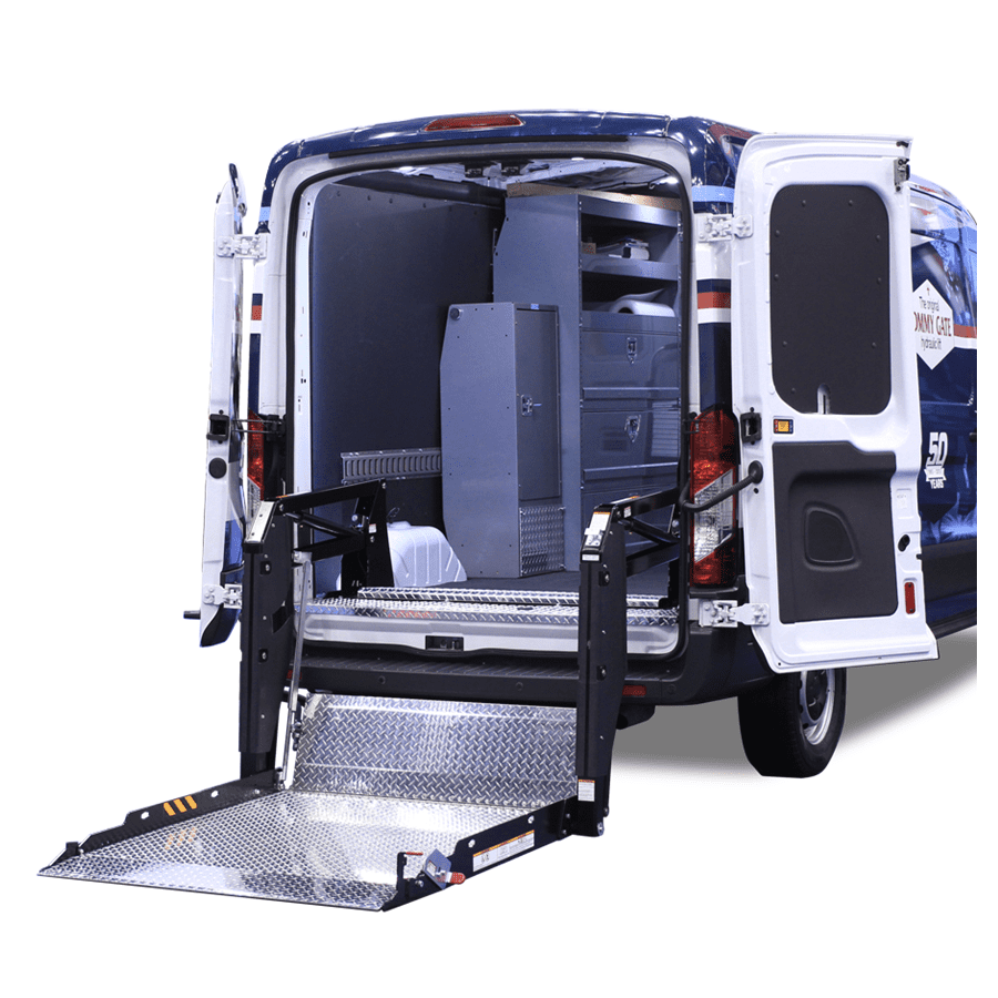 View of lift gate attached to the back of a cargo van.