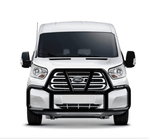 Front view of black Ex-Guard installed on a Ford Transit van.