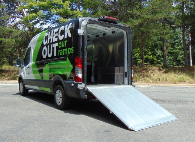 Check out our ramp installed on a Ford Transit (shown fully open.)