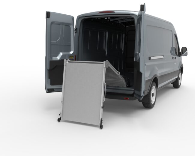 View of bi-fold Link ramp installed in the rear of a van.