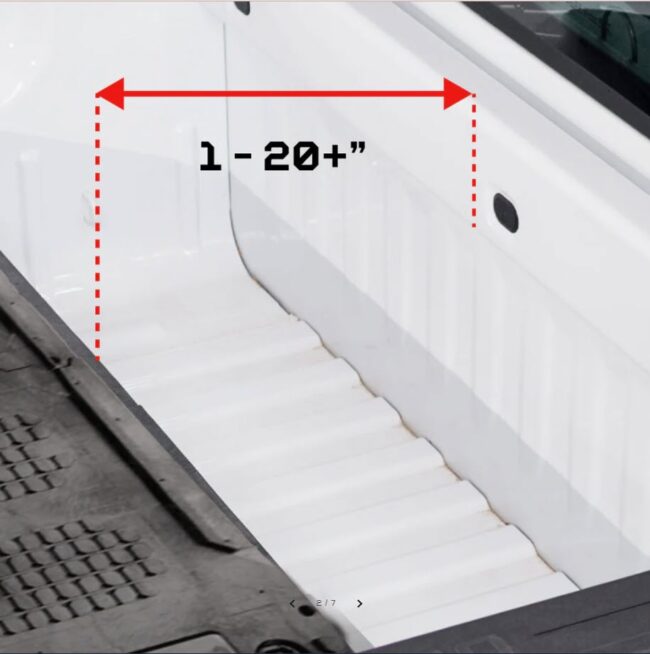 View of Decked drawer system installed in the bed of a service body truck showing 1-20" space.