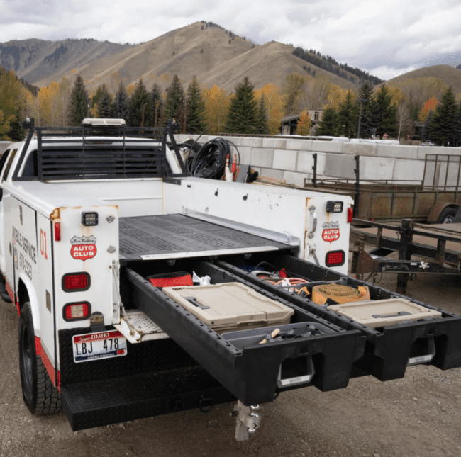 View of Decked drawer system installed in the bed of a service body truck.